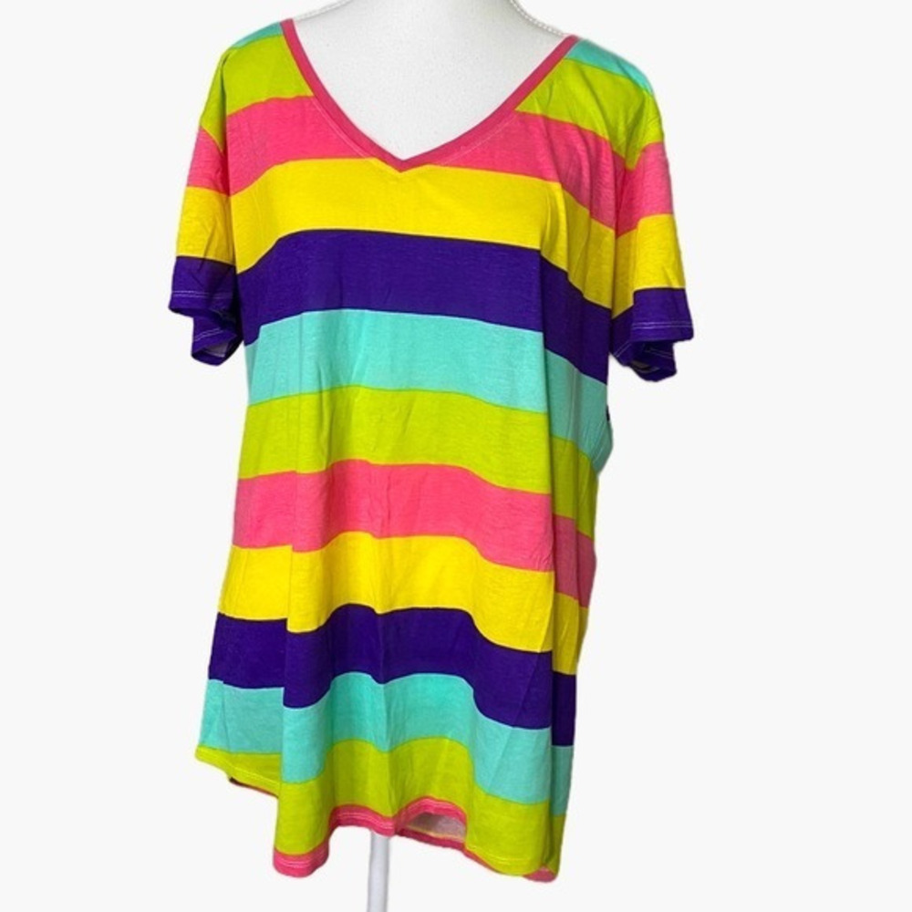 New York & Co Colorful Striped V-Neck Cotton Short Sleeve Shirt NWOT